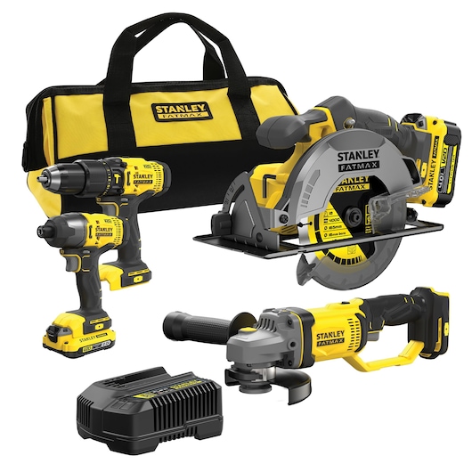 Stanley Fatmax cordless power tool kit with drill, saw, grinder, charger, and carry bag.