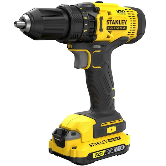 STANLEY SFMCK470D2 cordless drill driver in yellow and black, angled left on white background.