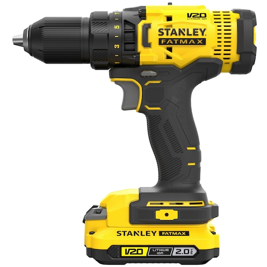 STANLEY SFMCK470D2 cordless drill driver, yellow and black, side view on white background.