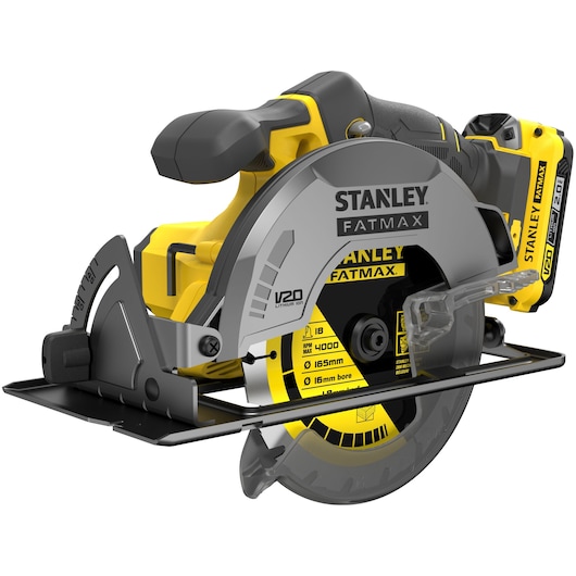 STANLEY SFMCK470D2 cordless circular saw, V20 FATMAX, side angle on white background.