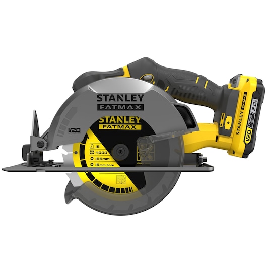 STANLEY SFMCK470D2 cordless circular saw, side angle, yellow and black, FATMAX V20 Lithium Ion.