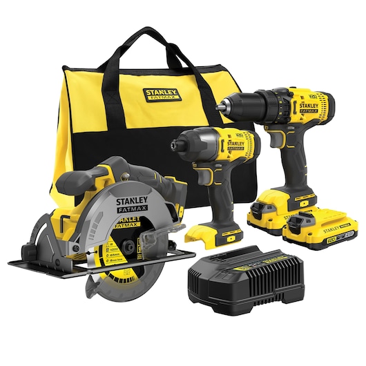 Stanley Fatmax tool kit with drill, impact driver, circular saw, battery, charger, and yellow carrying bag.