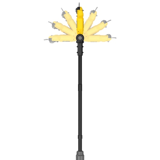 STANLEY SFMCPP632D1 pole saw with adjustable yellow head, shown in multiple positions, front view, white background.
