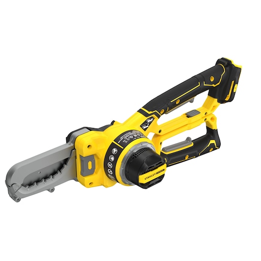 STANLEY SFMCPS515B cordless pruner saw, yellow and black, side angle on white background.