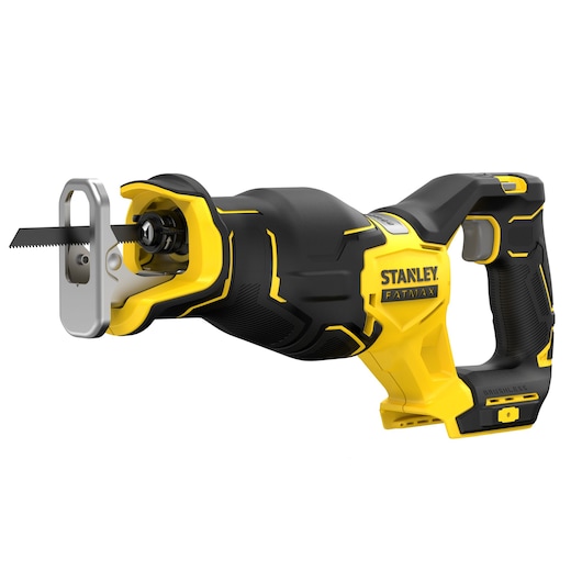 Photo of STANLEY SFMCS310B reciprocating saw, yellow and black, side angle on white background.