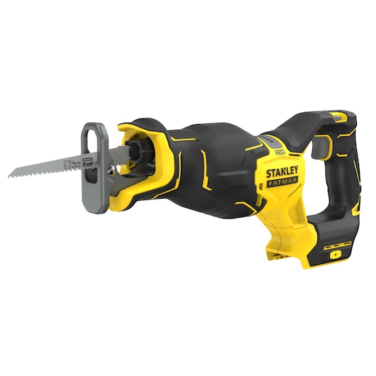 STANLEY SFMCS311B-XJ reciprocating saw, yellow and black, side angle on white background.