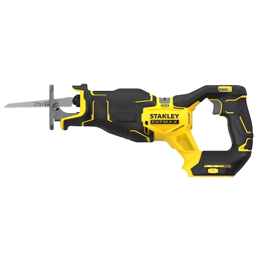 STANLEY SFMCS311B-XJ reciprocating saw, yellow and black, side angle on white background.