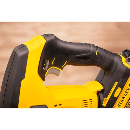 STANLEY SFMCS600B photography of yellow and black tool handle, close-up side view.