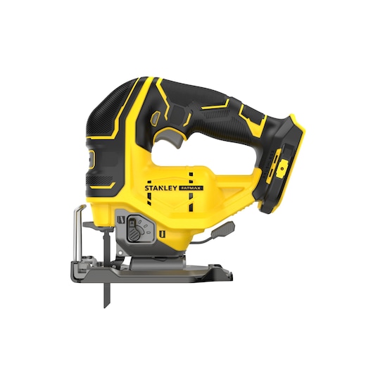 Cordless STANLEY jigsaw tool with yellow and black grip and blade, shown from the side on a white background.