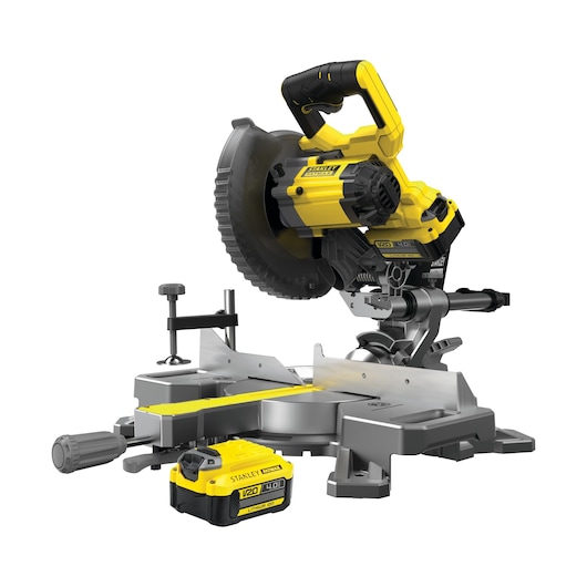 STANLEY SFMCS701M2 yellow and black cordless mitre saw with V20 battery, front angled view, photography.