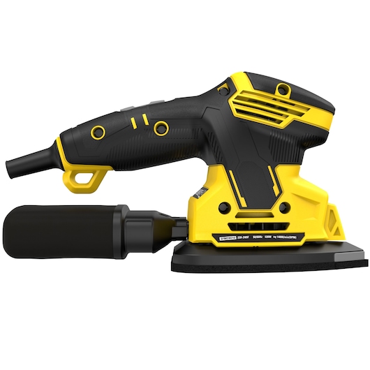 STANLEY SFMEW210S detail sander, yellow and black, side view on white background.