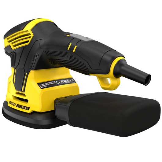 Photo of STANLEY SFMEW210S Fatmax sander, yellow and black finish, angled view with dust bag attached.