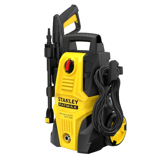 STANLEY SFMPW1740 pressure washer, yellow and black, front angle, with hose and handle visible.