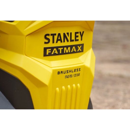 Photo of STANLEY SFMPW1740 yellow brushless pressure washer front with FATMAX branding and 1740 PSI rating.