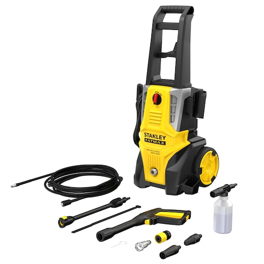 STANLEY SFMPW1740 pressure washer kit, yellow and black, with hose, sprayer, and accessories, front angle.
