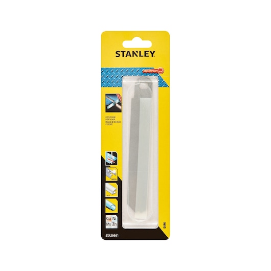 STANLEY STA29981 saw blade in yellow blister packaging, front angle, suitable for metal cutting.