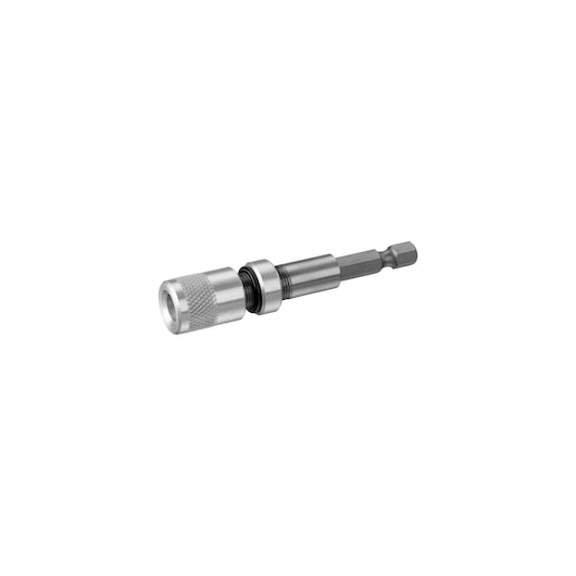 STANLEY STA61402 silver magnetic bit holder, photographed at an angle on white background.