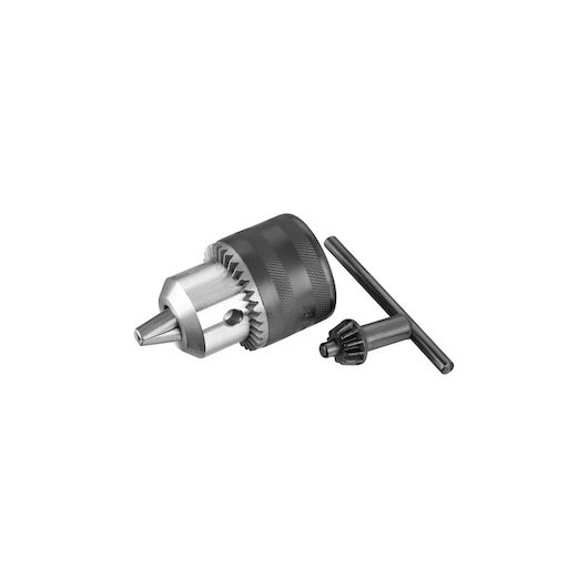 STANLEY STA66321 drill chuck and key, metal tool set, front angle, white background.