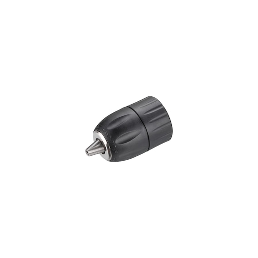 STANLEY STA66368 drill chuck in black, side angle on white background.