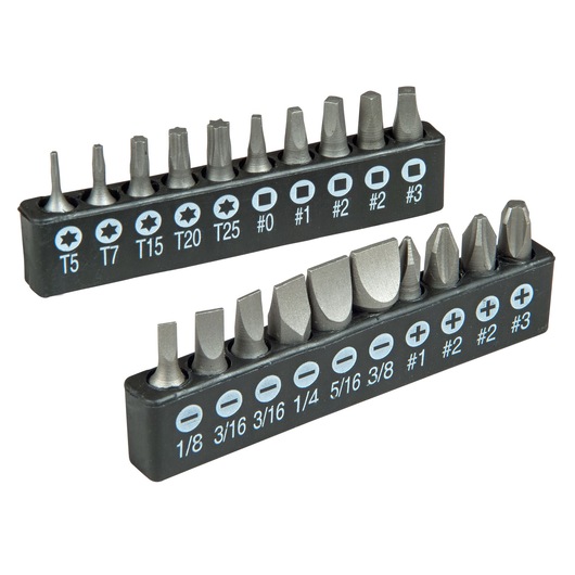 STANLEY STHT0-62113 screwdriver bit set, assorted tips in two black holders, front angle on white background.