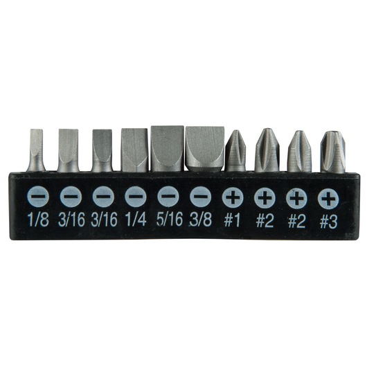 STANLEY STHT0-62113 screwdriver bit set with assorted flat and Phillips bits in black holder, front angle.
