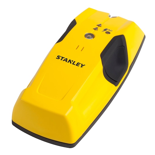 Photo of STANLEY STHT0-77403 yellow and black stud finder, angled view, on white background.