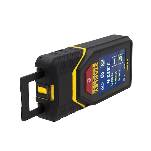 STANLEY STHT1-77139 laser distance meter with digital screen, angled view, black and yellow casing.