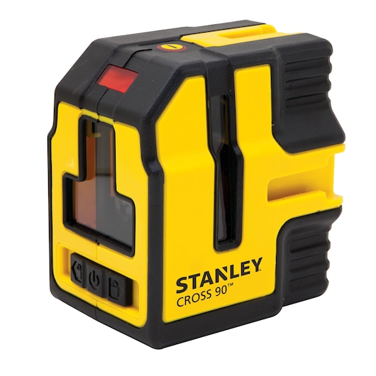 Photo of STANLEY STHT1-77341 yellow and black cross line laser level, angled view, compact rectangular design.