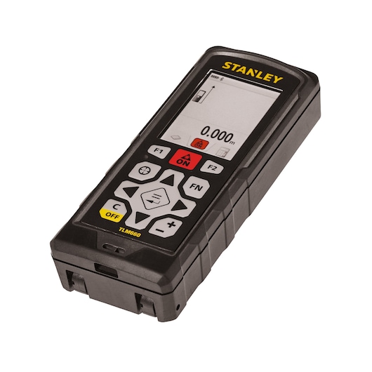 STANLEY STHT1-77347 digital laser distance measurer, angled view, black body with keypad and display.