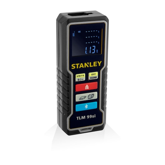 STANLEY STHT1-77361 laser distance measurer, TLM 99si model, angled view, black with color buttons.