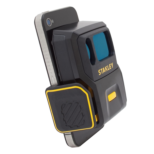 STANLEY STHT1-77366 black and yellow smartphone-attached laser level, front angle on white background.