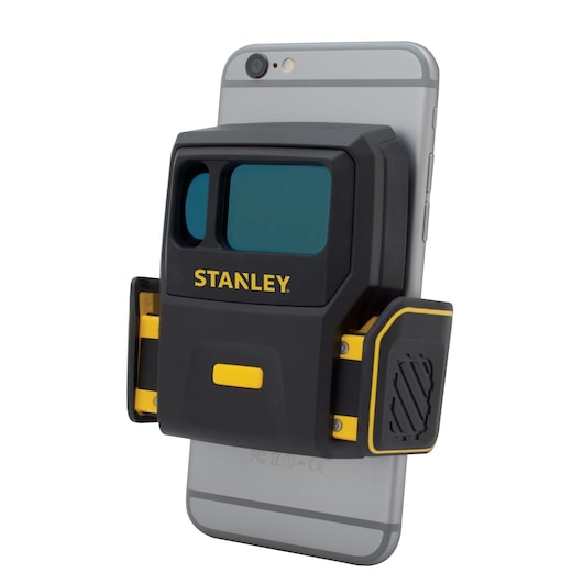 STANLEY STHT1-77366 laser measuring device on smartphone, product photography, front angle.