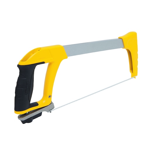 STANLEY yellow and black hacksaw with ergonomic handle, side angle, on white background