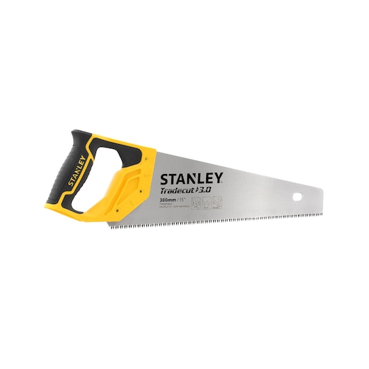 STANLEY STHT20348-0 handsaw with yellow and black handle, side angle, Tradecut 3.0 model.