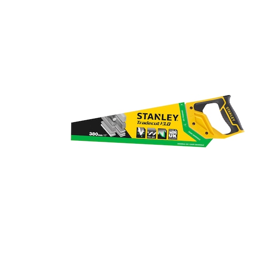 STANLEY STHT20348-0 hand saw with yellow and black handle, angled product photo on white background.