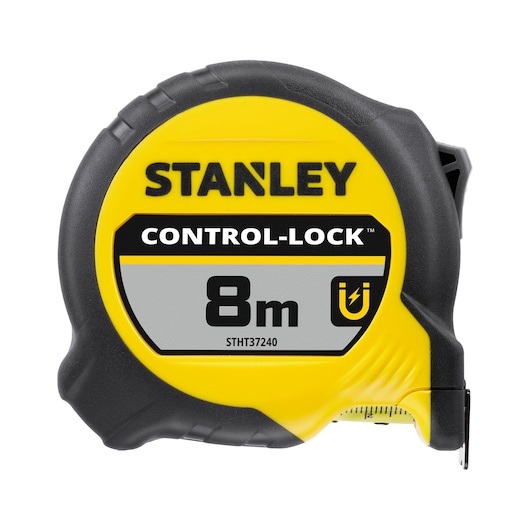 STANLEY STHT37240 tape measure, yellow and black, front angle, 8m length, Control-Lock series.