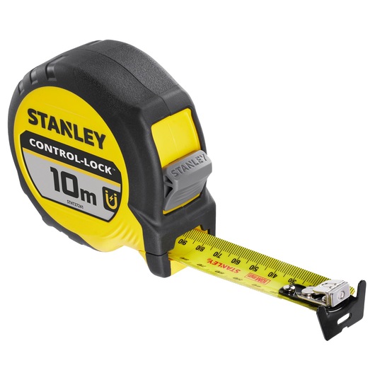 STANLEY STHT37241 tape measure, 10m, yellow and black, side angle on white background.