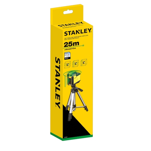 STANLEY STHT77641-1 360° cross line green laser level with tripod and pouch, yellow box, front angle.