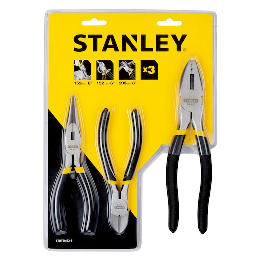 STANLEY STHT90162-8 plier set with three black-handled pliers in retail packaging, photography front angle.