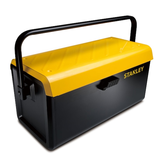 Stanley black and yellow toolbox with handle and latch, suitable for storing tools or accessories.