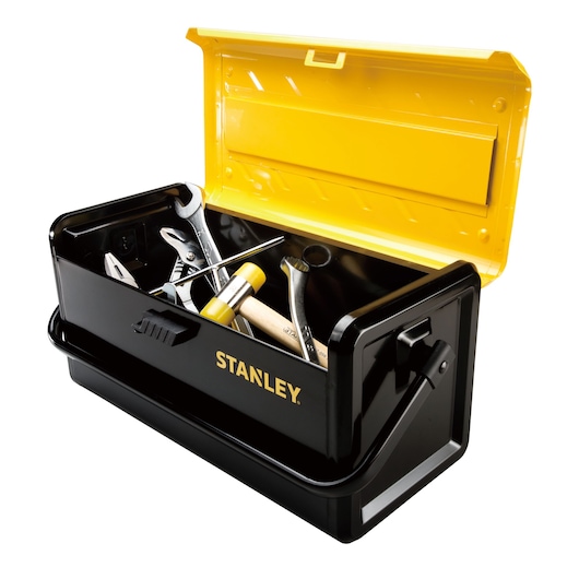 STANLEY STST1-75508 black toolbox with yellow lid, filled with assorted hand tools, front angle photo.