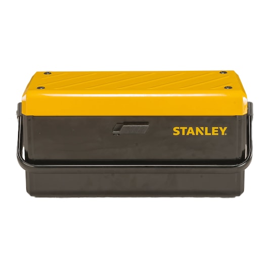 STANLEY STST1-75509 black and yellow toolbox, front angle, plastic body, sturdy handle.