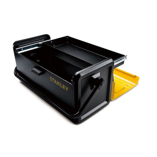 STANLEY STST1-75509 black metal toolbox with yellow compartment, angled view on white background.