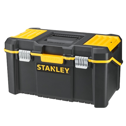 STANLEY STST83397-1 black and yellow plastic toolbox with metal latches, front angle on white background.