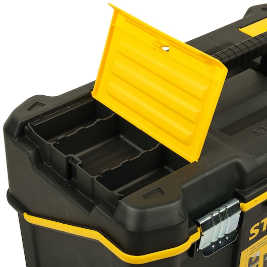 STANLEY STST83397-1 black and yellow toolbox with open lid showing inner compartments, side angle.