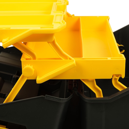 STANLEY STST83397-1 toolbox with open yellow multi-level tray, close-up, white background.
