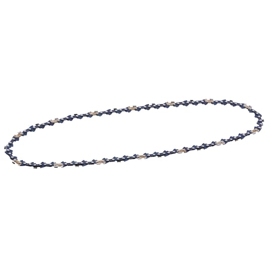 STANLEY STZCS240 chainsaw chain oval view, silver and dark blue, photography on white background.