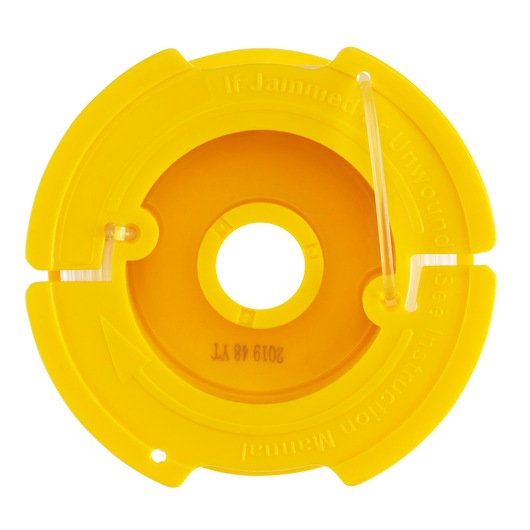 STANLEY STZST12169 yellow round plastic replacement spool for trimmer, top view on white background.