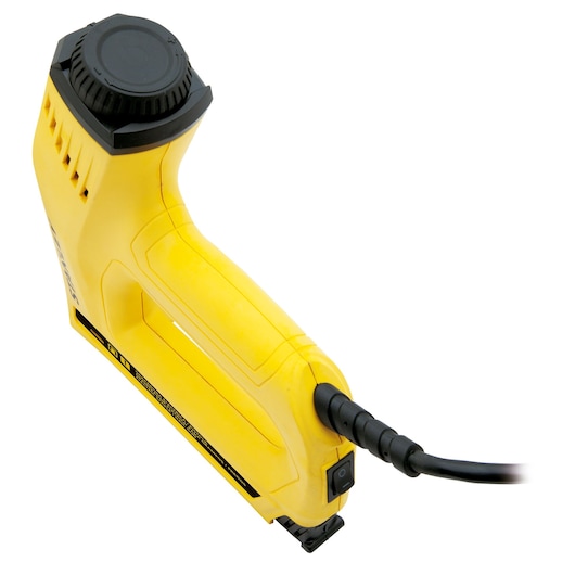 STANLEY TRE550-B2 electric stapler, yellow plastic body, side angle, visible power cord.